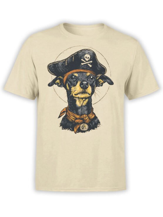 T-shirt flat lay featuring Captain Barkbeard pirate dog with skull hat and bandana.