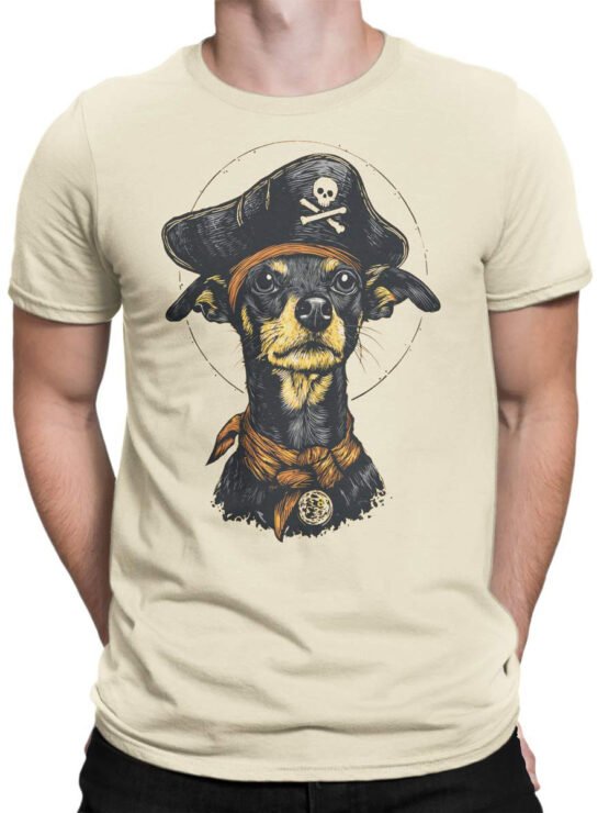 Tee on male torso featuring Captain Barkbeard adventurous pirate dog artwork.