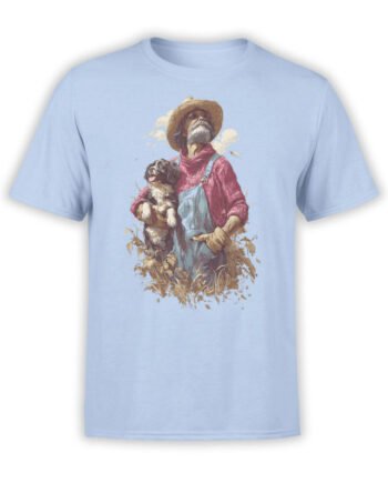 T-shirt flat lay featuring Farmer’s Best Friend design with farmer and dog in wheat field.