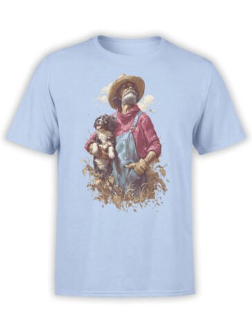 T-shirt flat lay featuring Farmer’s Best Friend design with farmer and dog in wheat field.