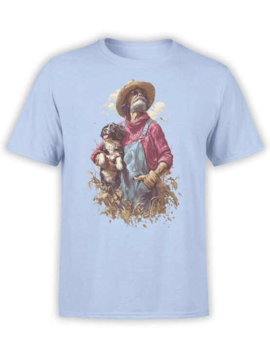 T-shirt flat lay featuring Farmer’s Best Friend design with farmer and dog in wheat field.