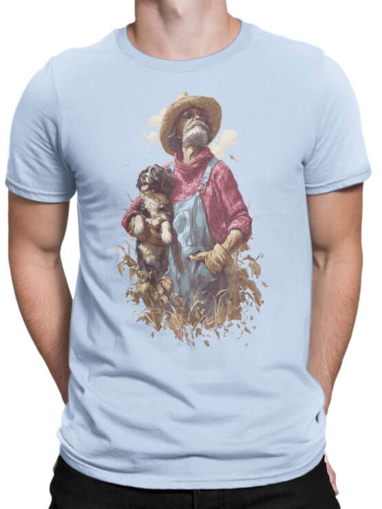 Tee on male torso featuring Farmer’s Best Friend design with country scene.