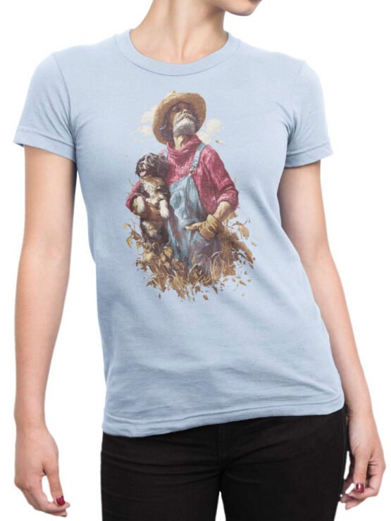 Tee on female torso styled with Farmer’s Best Friend pastoral artwork.