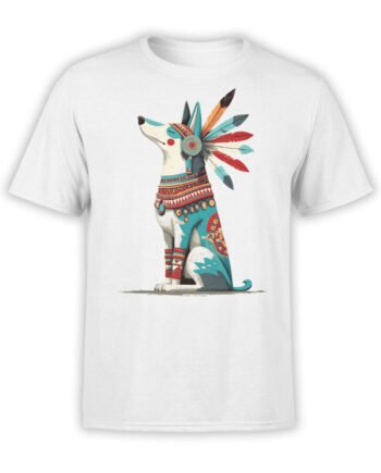 T-shirt flat lay featuring Spirit Howl dog design with feathers and tribal patterns.