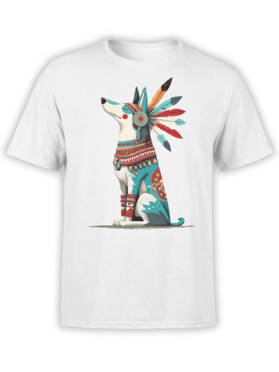 T-shirt flat lay featuring Spirit Howl dog design with feathers and tribal patterns.