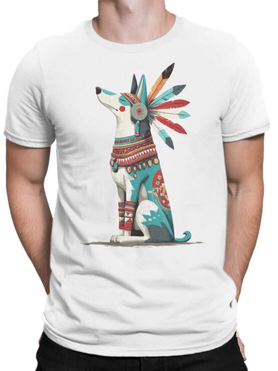 Tee on male torso featuring Spirit Howl proud tribal dog design.