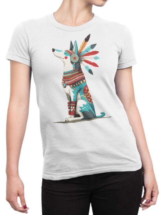 Tee on female torso styled with Spirit Howl vibrant and artistic dog artwork.