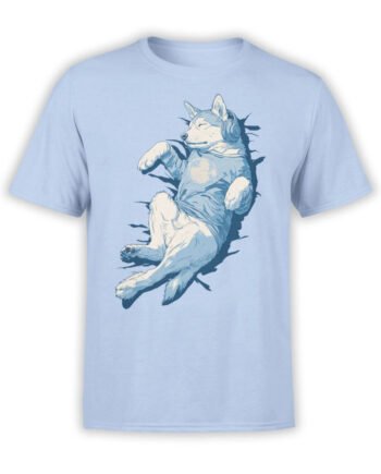 T-shirt featuring a relaxed husky wearing headphones and lying peacefully on a light blue background