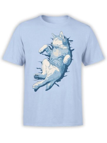 T-shirt featuring a relaxed husky wearing headphones and lying peacefully on a light blue background