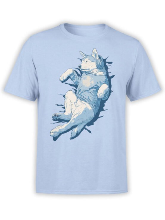 T-shirt featuring a relaxed husky wearing headphones and lying peacefully on a light blue background