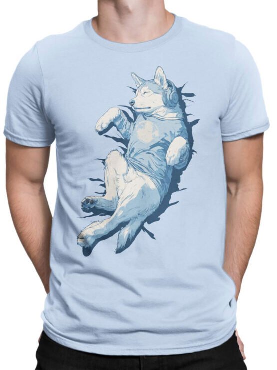 T-shirt on a male torso showcasing the Chill Husky design with playful dog artwork