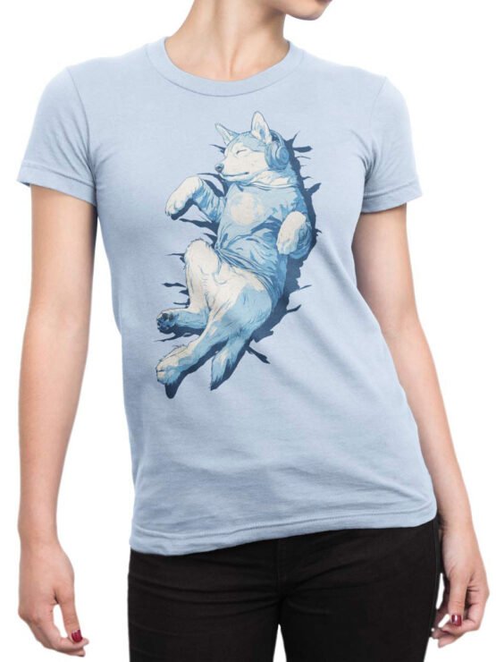 T-shirt on a female torso featuring a calm husky dog illustration with headphones