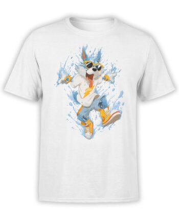 T-shirt featuring a cartoon pup in sunglasses, sneakers, and splashing water design on white background