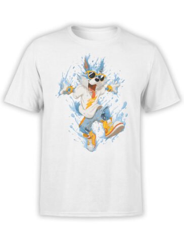 T-shirt featuring a cartoon pup in sunglasses, sneakers, and splashing water design on white background