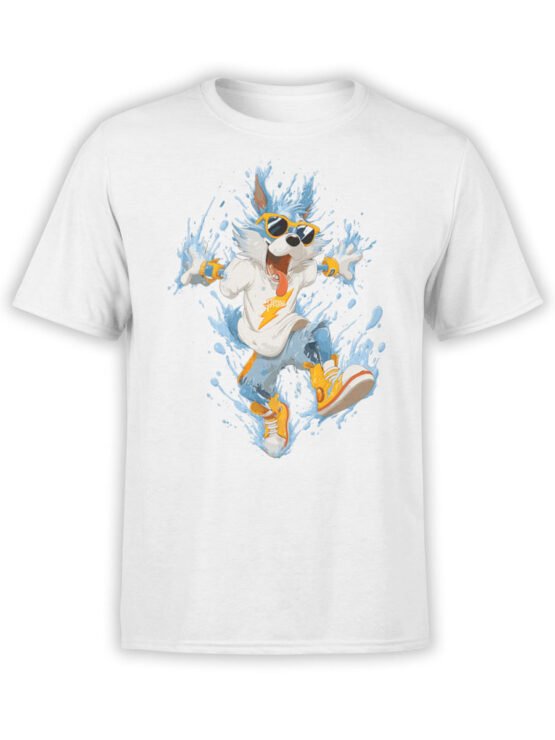 T-shirt featuring a cartoon pup in sunglasses, sneakers, and splashing water design on white background