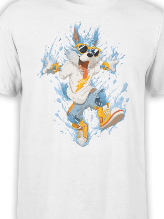 Close-up of Splash Pup design showing playful dog wearing shades and sneakers with water splash