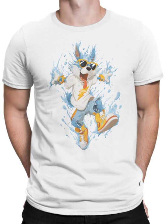 T-shirt on a male torso featuring the energetic Splash Pup cartoon dog design