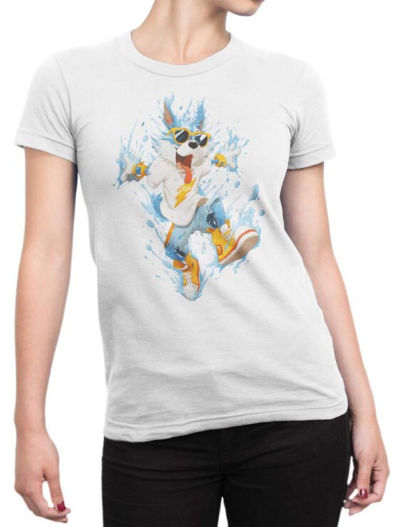 T-shirt on a female torso showcasing playful Splash Pup artwork with water splash