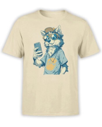 T-shirt featuring a cool cartoon dog taking a selfie with sunglasses and cap on beige fabric