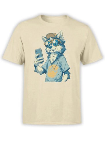 T-shirt featuring a cool cartoon dog taking a selfie with sunglasses and cap on beige fabric