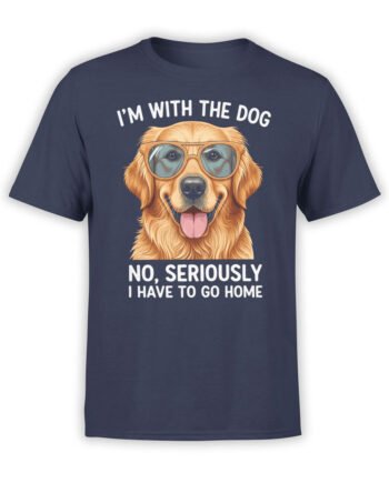 T-shirt featuring a golden retriever in sunglasses with funny “I’m with the dog” text on navy fabric