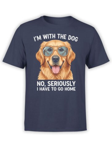 T-shirt featuring a golden retriever in sunglasses with funny “I’m with the dog” text on navy fabric