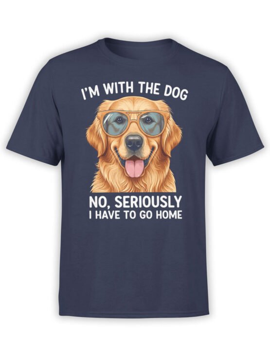T-shirt featuring a golden retriever in sunglasses with funny “I’m with the dog” text on navy fabric