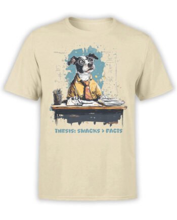 T-shirt featuring a cartoon academic dog at a desk with “snacks > facts” text on beige background