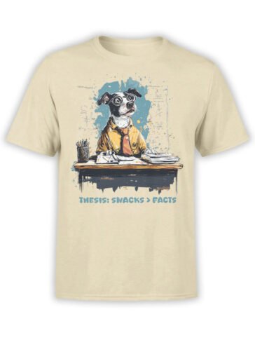 T-shirt featuring a cartoon academic dog at a desk with “snacks > facts” text on beige background