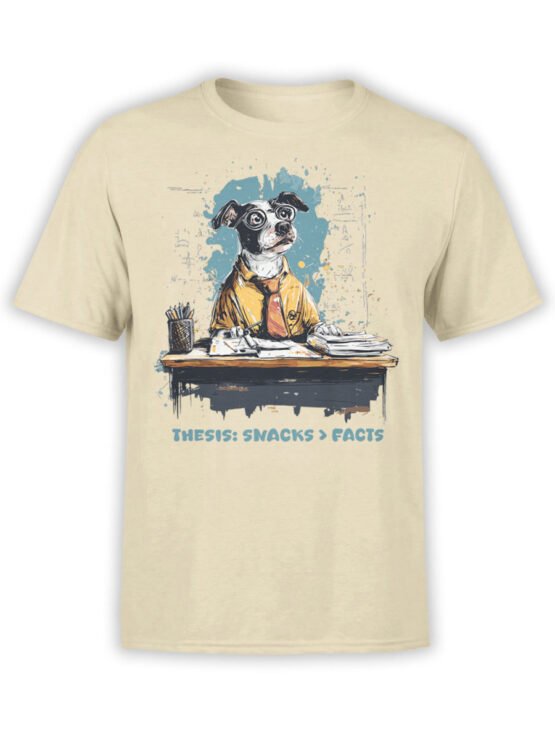 T-shirt featuring a cartoon academic dog at a desk with “snacks > facts” text on beige background