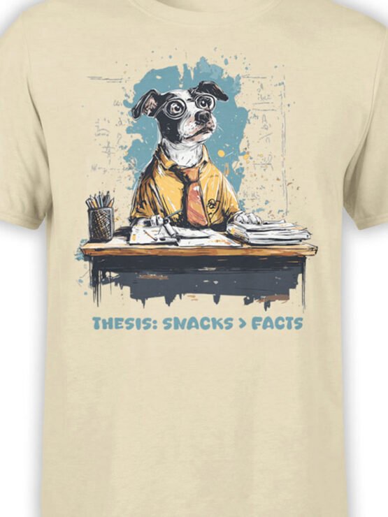 Close-up of Snack Thesis design showing scholarly dog in tie at desk