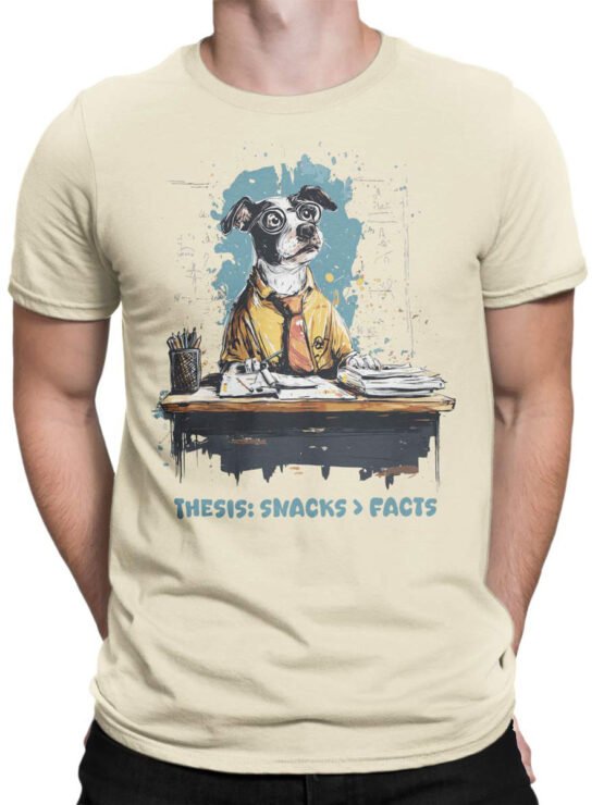 T-shirt on a male torso with Snack Thesis dog artwork and funny message