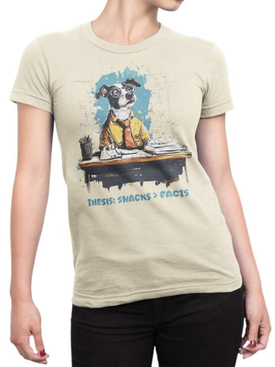 T-shirt on a female torso featuring academic dog cartoon with snacks > facts slogan