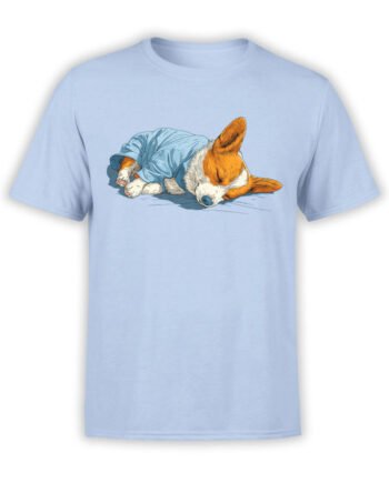 T-shirt featuring a cute corgi sleeping in pajamas on light blue fabric