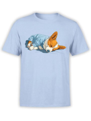 T-shirt featuring a cute corgi sleeping in pajamas on light blue fabric