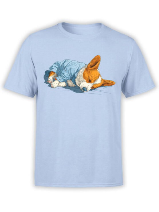 T-shirt featuring a cute corgi sleeping in pajamas on light blue fabric