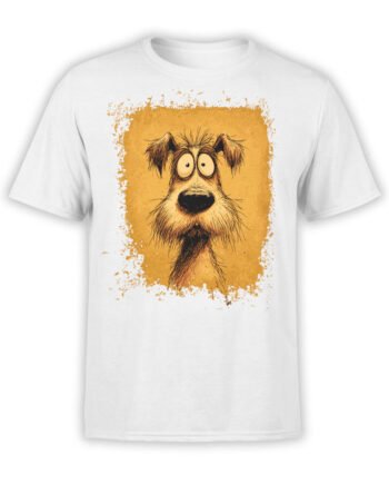 T-shirt featuring a cartoon scruffy dog with wide eyes on white fabric with orange background