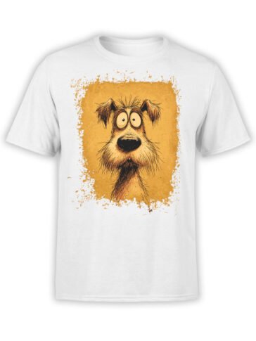 T-shirt featuring a cartoon scruffy dog with wide eyes on white fabric with orange background
