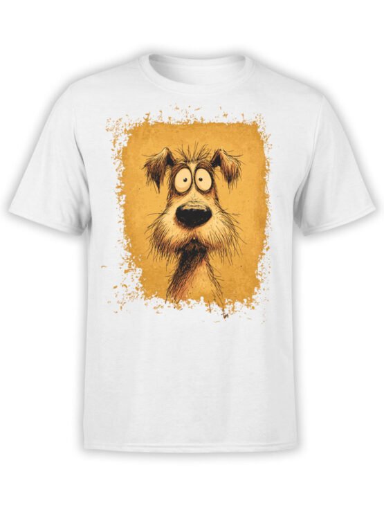 T-shirt featuring a cartoon scruffy dog with wide eyes on white fabric with orange background