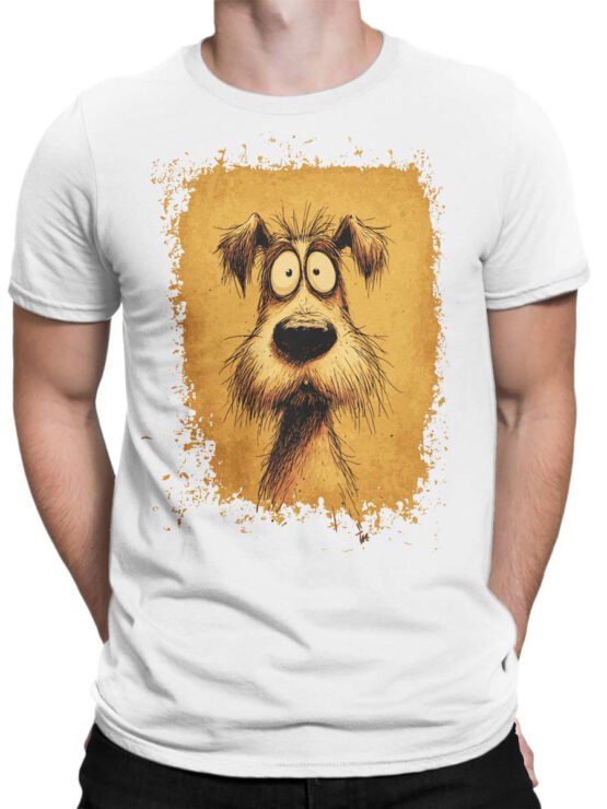 T-shirt on a male torso with Scruffy Surprise cartoon dog artwork