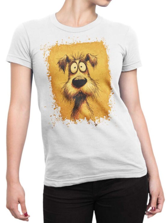 T-shirt on a female torso featuring quirky scruffy dog design with wide eyes
