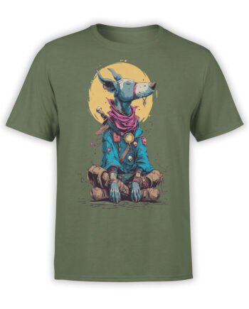 T-shirt featuring a fantasy warrior dog meditating under a yellow moon on olive green fabric