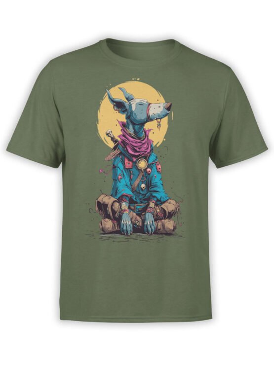 T-shirt featuring a fantasy warrior dog meditating under a yellow moon on olive green fabric