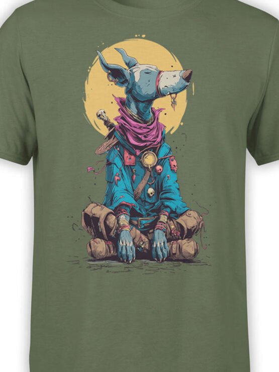 Close-up of Mystic Hound design showing meditative dog in detailed monk attire