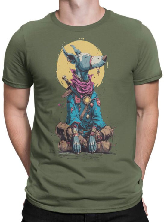 T-shirt on a male torso with Mystic Hound fantasy artwork featuring dog warrior