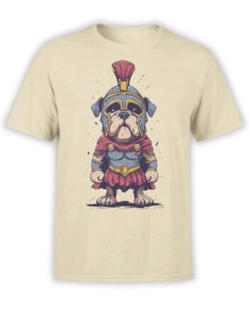 T-shirt featuring a bulldog in gladiator armor with helmet and cape on beige fabric