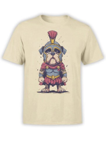 T-shirt featuring a bulldog in gladiator armor with helmet and cape on beige fabric