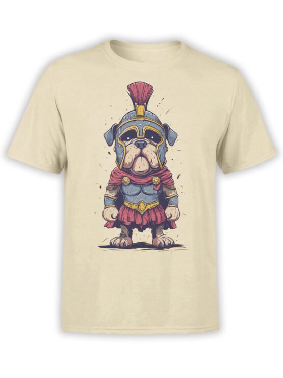 T-shirt featuring a bulldog in gladiator armor with helmet and cape on beige fabric