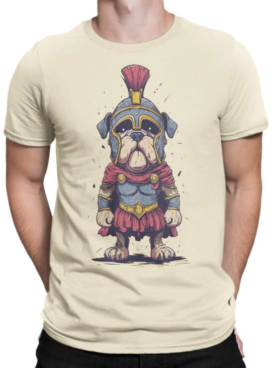T-shirt on a male torso with Gladiator Pup bulldog warrior artwork