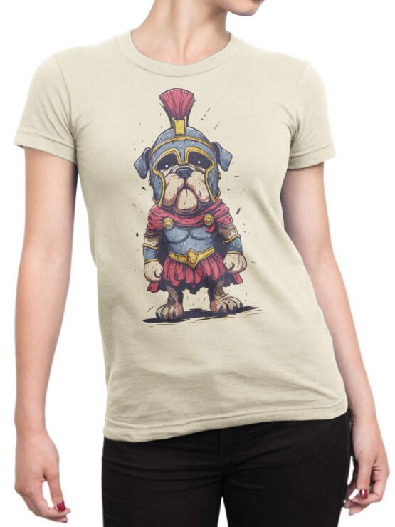 T-shirt on a female torso featuring funny bulldog in gladiator costume design
